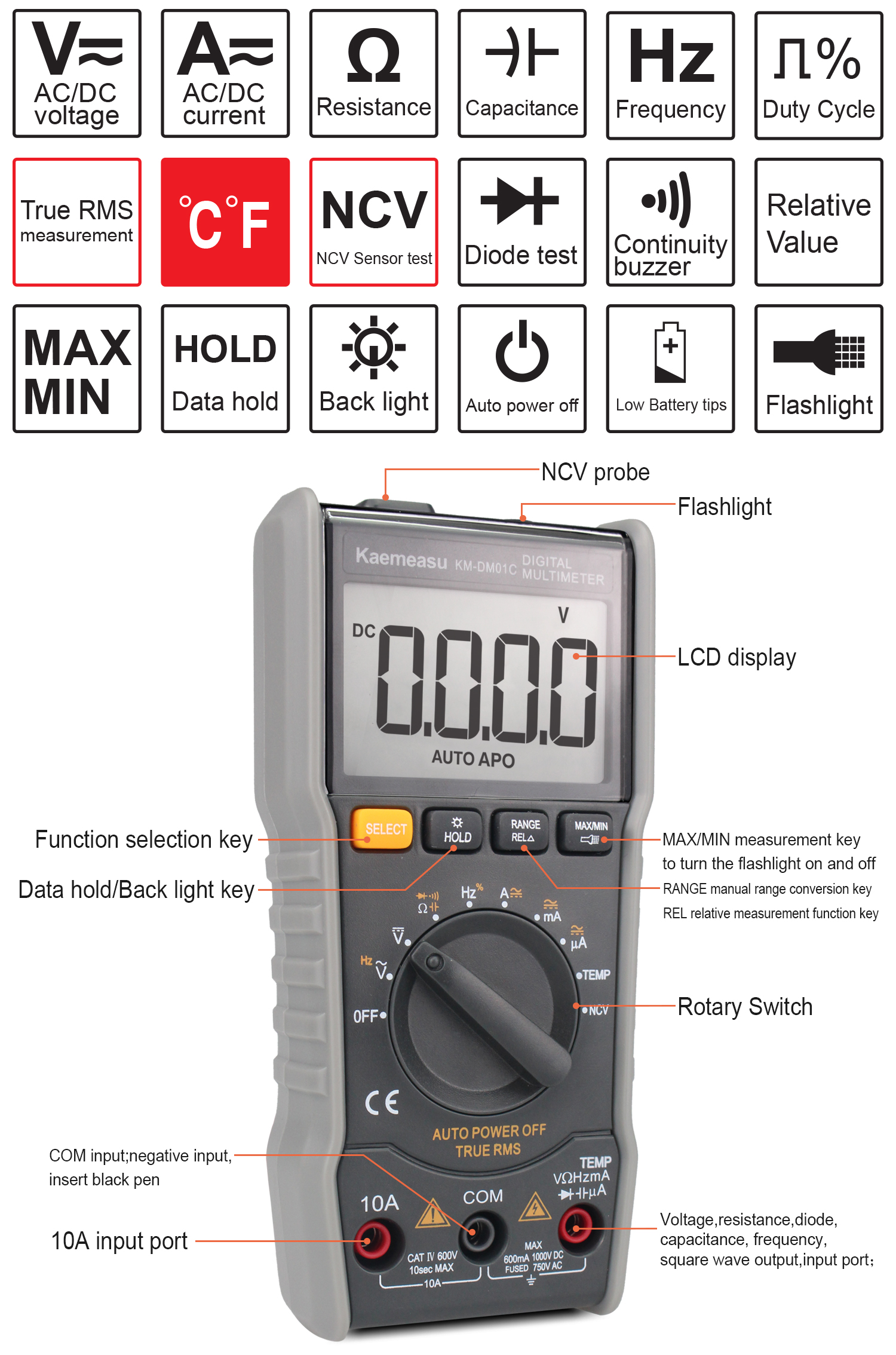 Kaemeasu KM-DM01C Portable Mini Digital Multimeter Auto-Ranging Electrician's Tool with DC/AC Voltage Current Resistance Capacitance Frequency Duty Cycle & Temperature Measurements Ultimate Tool for DIY Enthusiasts