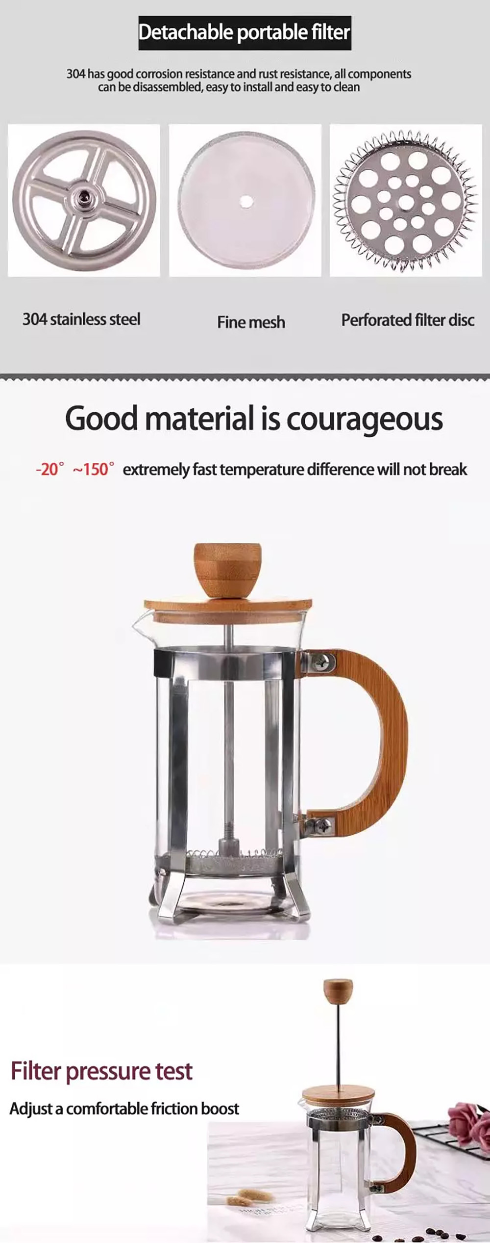 French Coffee Heat-Resistant Filter Presses Coffee Maker Pot Glass Pots Hollow Coffee Tea Teapots with Wooden Handle