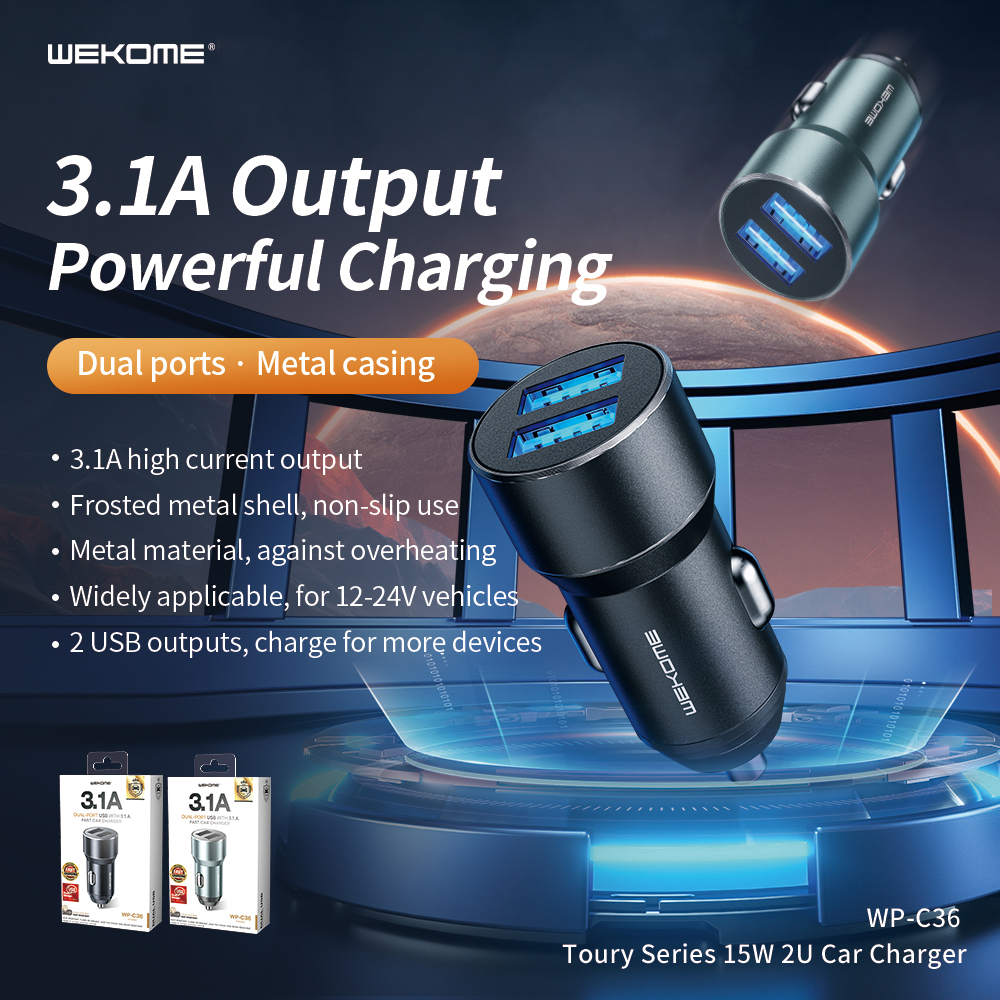 WEKOME WP-C36 15W 2-Port USB Car Charger Adapter 15W Dual USB-A Fast Charging for iPhone 13 14 14Pro for Huawei Mate50 for Samsung Galaxy S23 for Xiaomi 13pro for Oppo Reno9