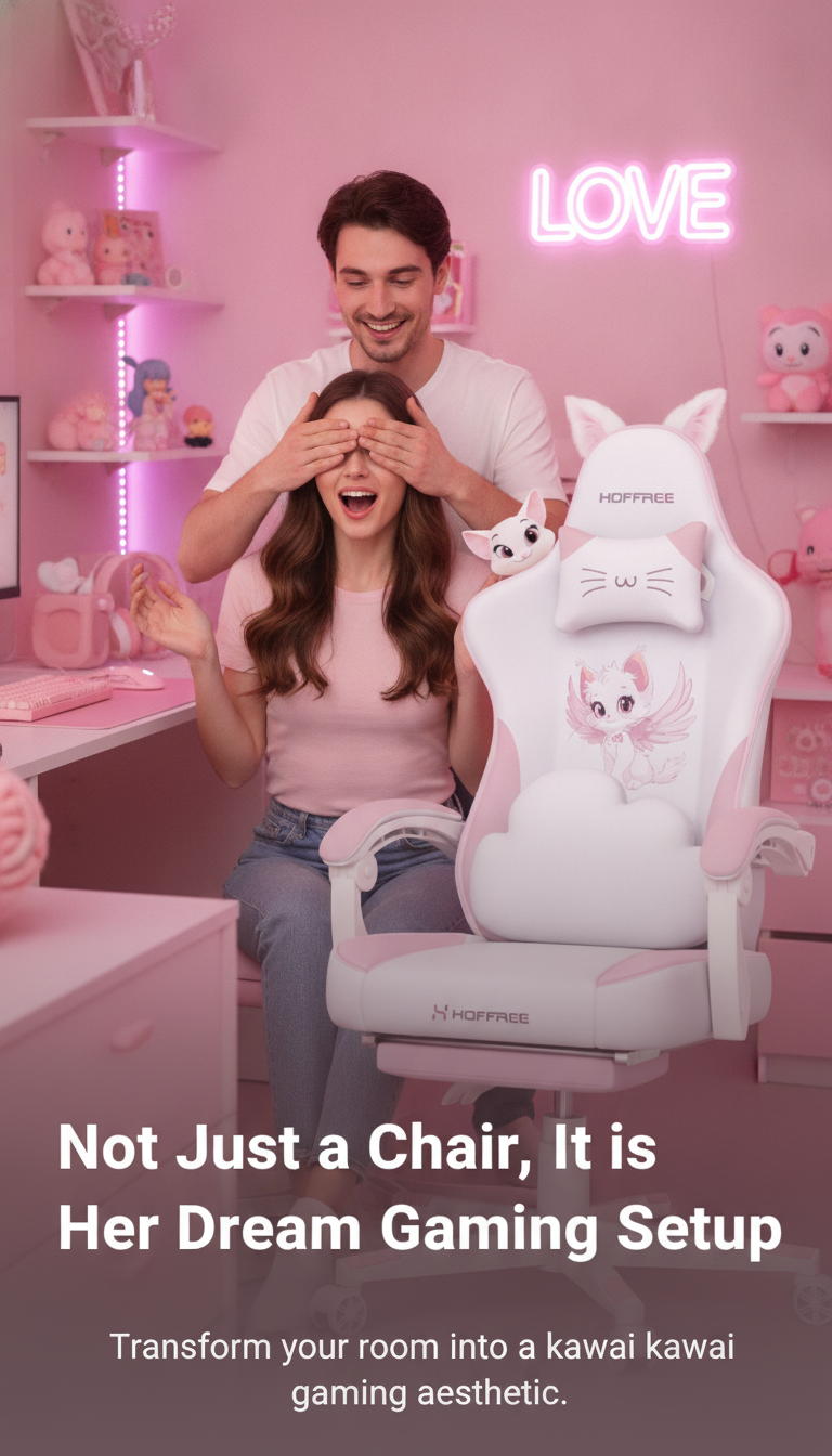 Süße Damen-Gaming-Stuhl, Kawaii-Gamer-Sitz, ergonomischer Bürostuhl, Liege, Leder, Tasche, Federkissen, Massage, Lendenkissen, Katzenohren, Fußstütze, 350 Pfund, Drehsessel, PC, Esports, Mädchen, Streamer, Geschenk Hoffree