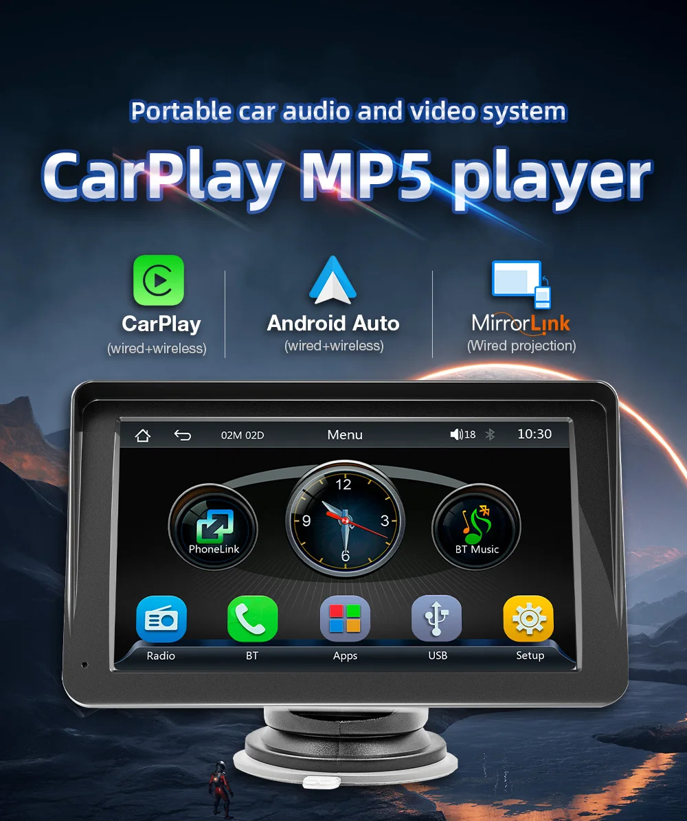 7Inch Touch Screen Portable Wireless CarPlay & Android Auto MP5