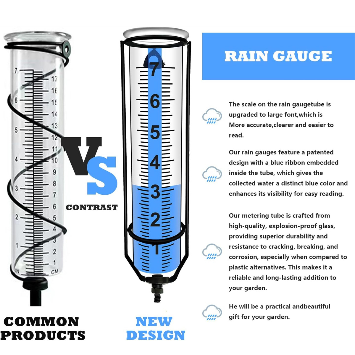 Freeze-Proof Outdoor Rain Gauge Adjustable Height Sturdy Stake Large Clear Numbers Easy Read with Blue Strip Technology Rust-Resistant Metal Stake Ideal for Gardens Lawns Patios - Accurate Weather Monitoring Tool