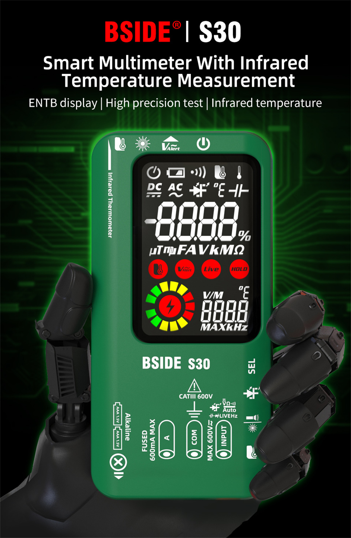 BSIDE S30 Smart Multimeter with Infrared Temperature Measurement Color Screen High Precision Voltage Current Resistance Capacitance Tester
