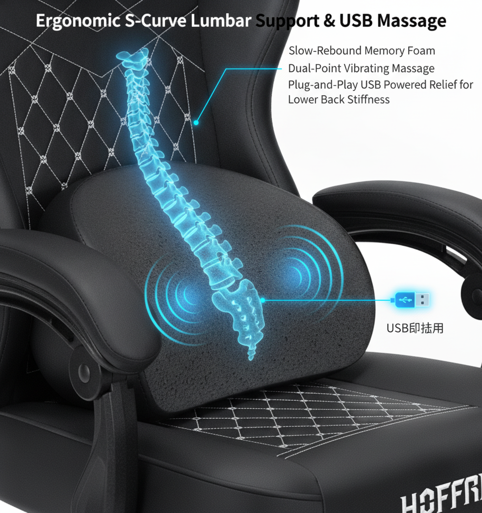 Cadeira de jogos com alto-falantes Bluetooth, massagem, suporte lombar, apoio para os pés, mesa de computador ergonômica, reclinável, encosto alto, almofada de mola de bolso, alta resistência, 350 lbs, giratória, para adultos, jogador Hoffree