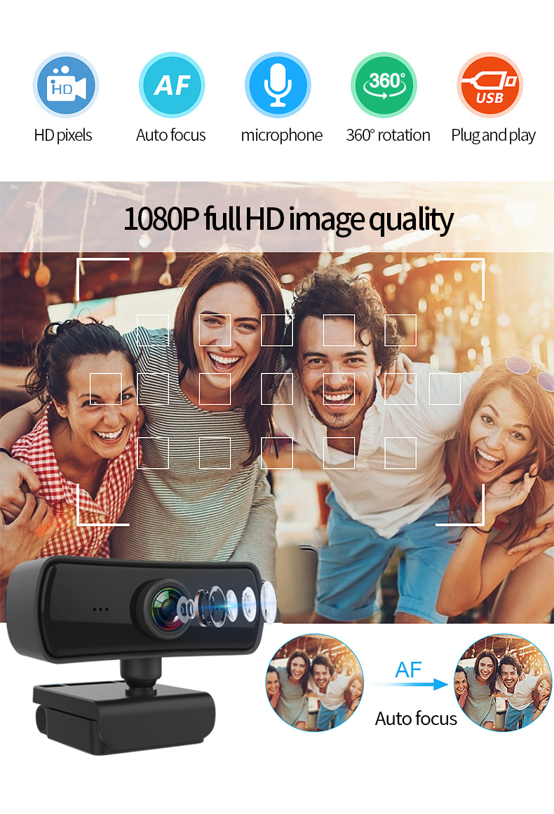 1080P FHD Computer Camera Auto Focus 360° Rotation USB Driver-free Web Cam with Mic for Live Conference