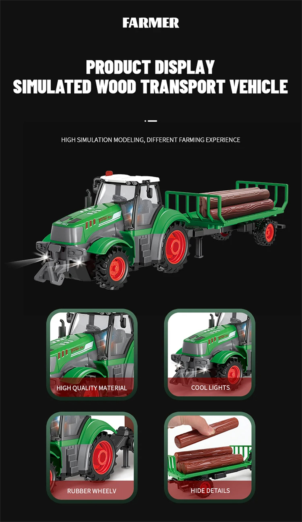 Landi QH205 1/24 27MHZ 4CH RC Car Farmer Series Wood Simulated Transport Model Light Sound Remote Control Toys Boys Dump Truck Engineering Vehicle Set Kids Gifts