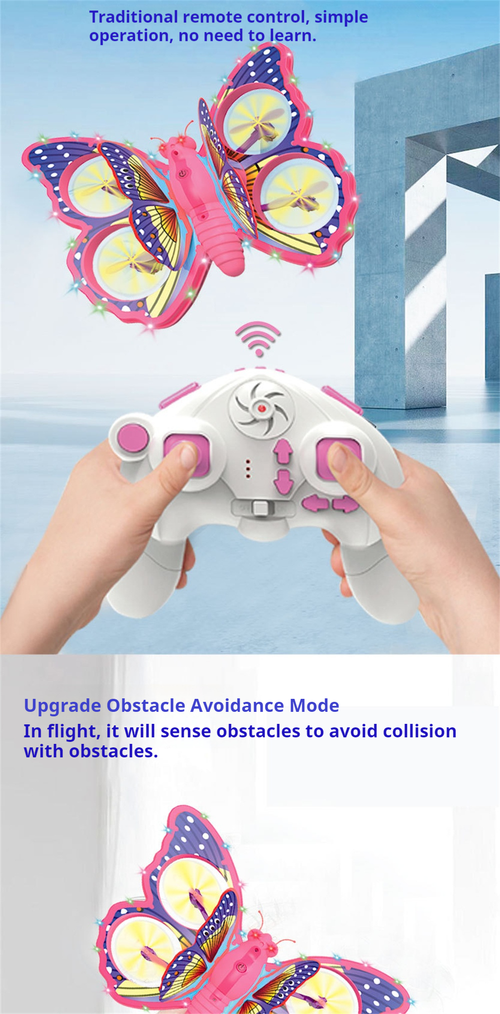 E0-25 Flying Glitter Butterflying Intelligent Gravity Sensor Obstacle Altitude Hold Mode 360° Filp Colorful LED Lighting 2.4G 4CH RC Toys Kids Gift Drone Quadcopter RTF