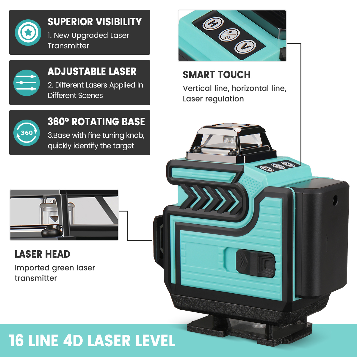 MUSTOOL 16 Lines 4D Laser Level Dual Batteries 360°Horizontal Vertical Cross Green Light Self-Leveling Measure