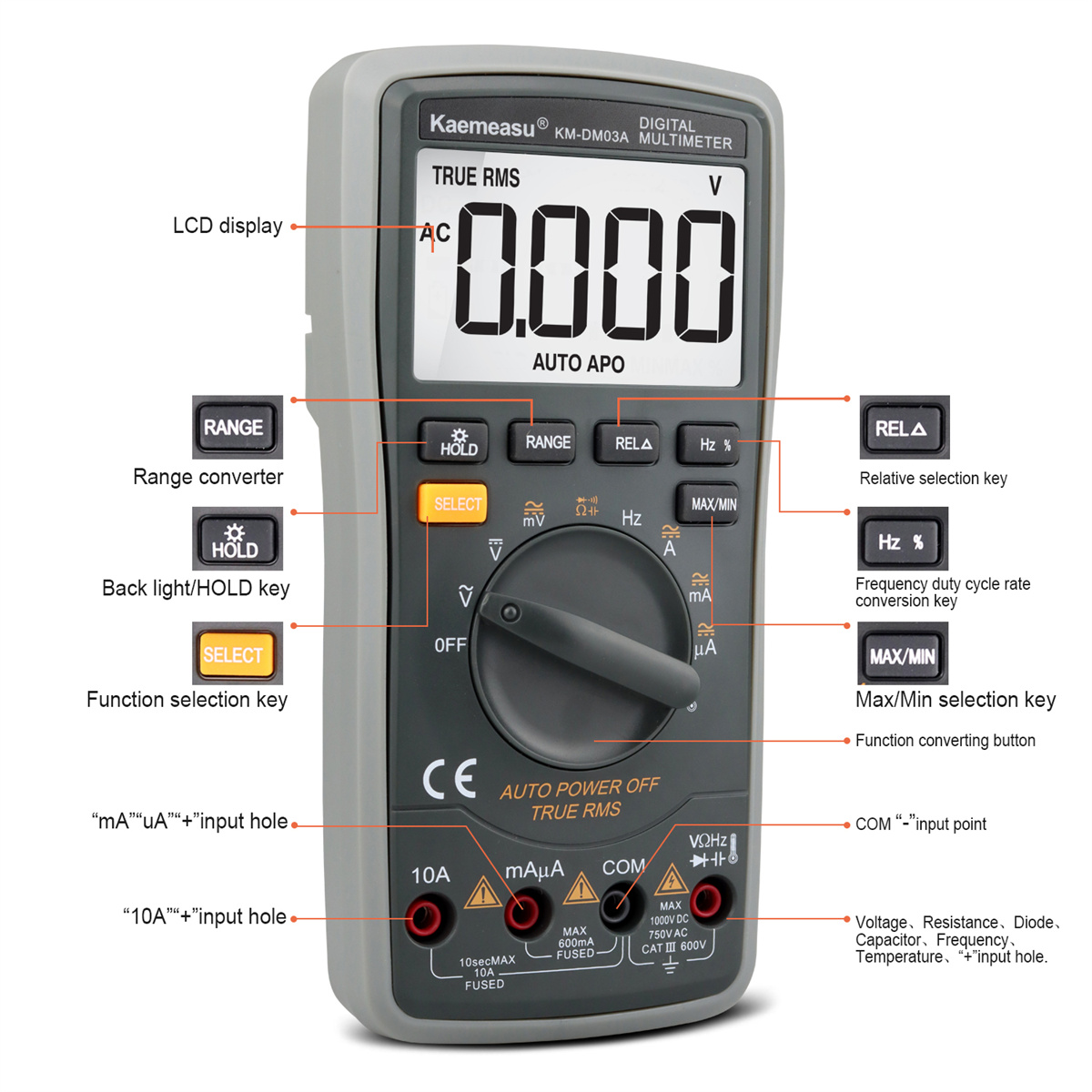 Kaemeasu KM-DM03A Professional High Precision Digital Multimeter DC & AC Voltage Current Measurement Resistance Capacitance Frequency Temperature Duty Cycle Ideal for Electrical Maintenance and Auto Repair