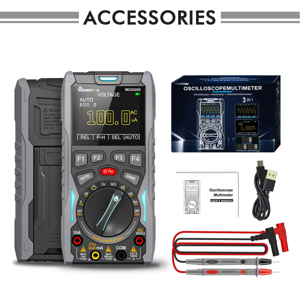 2023NEW MUSTOOL MDS9208 3In1 Oscilloscope Multimeter Signal Generator 12MHz 50Msps Portable High Storage Capacity Low Power Consumption