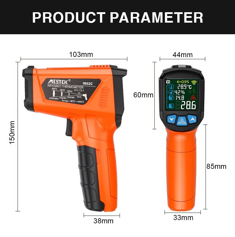 MESTEK Advanced Infrared Thermometer IRO2C Wide Temperature Range (-50°C to 800°C) Adjustable Emissivity 12-Point Laser Inverted Color Screen HD Backlight Accurate Measurements Ideal for Industrial HVAC and Home Use