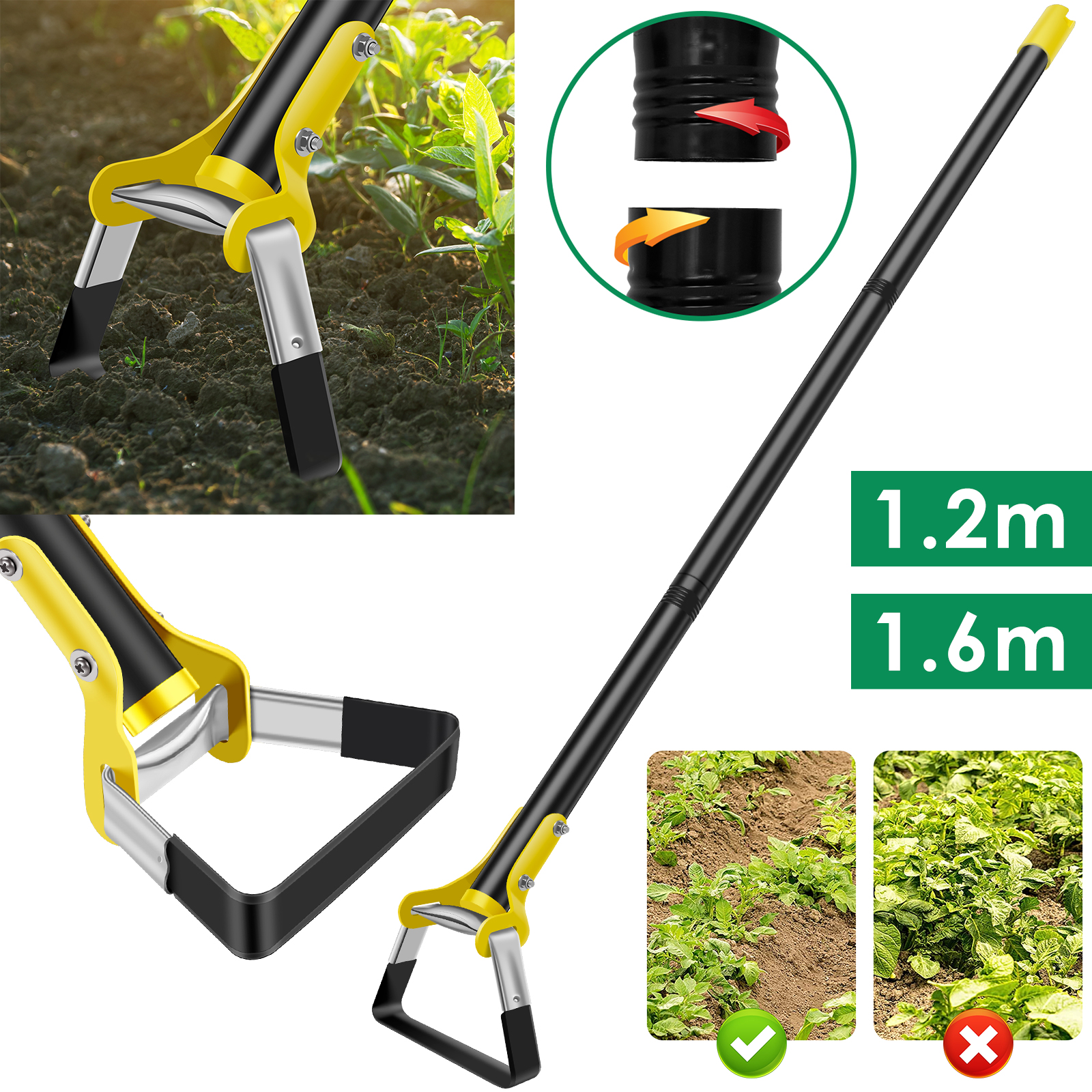 Garden Hoe Tool 1.2/1.6M Stainless Steel Sharp Stirrup Loop Hoe with Triangle Head and Long Handle Ergonomic Weeding Tool