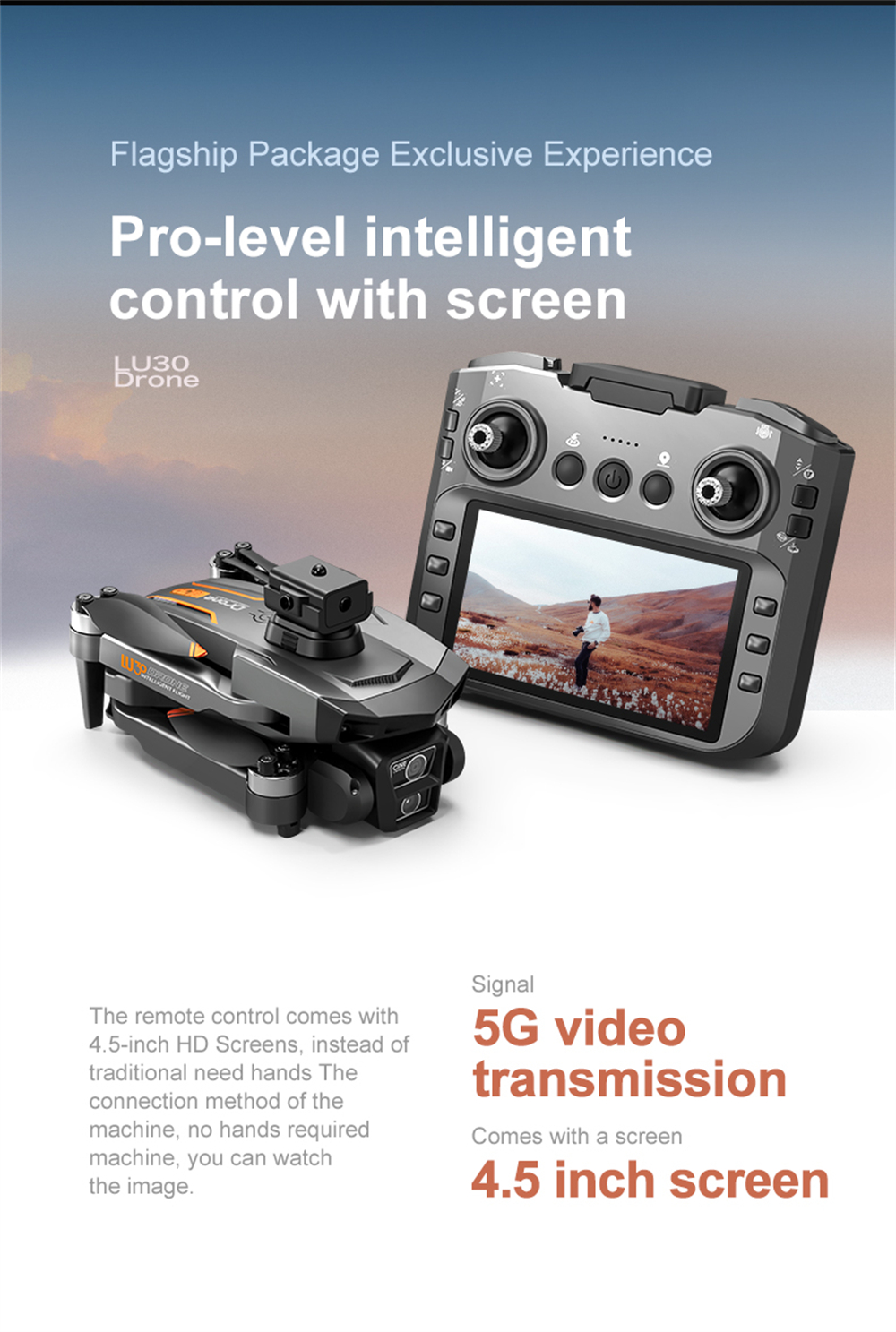 PJC LU30 GPS 5G WiFi FPV with 5.9inch LCD Screen Controller 720P HD Dual Camera Servo Gimbal 360° Obstacle Avoidance Brushless Foldable RC Drone Quadcopter RTF