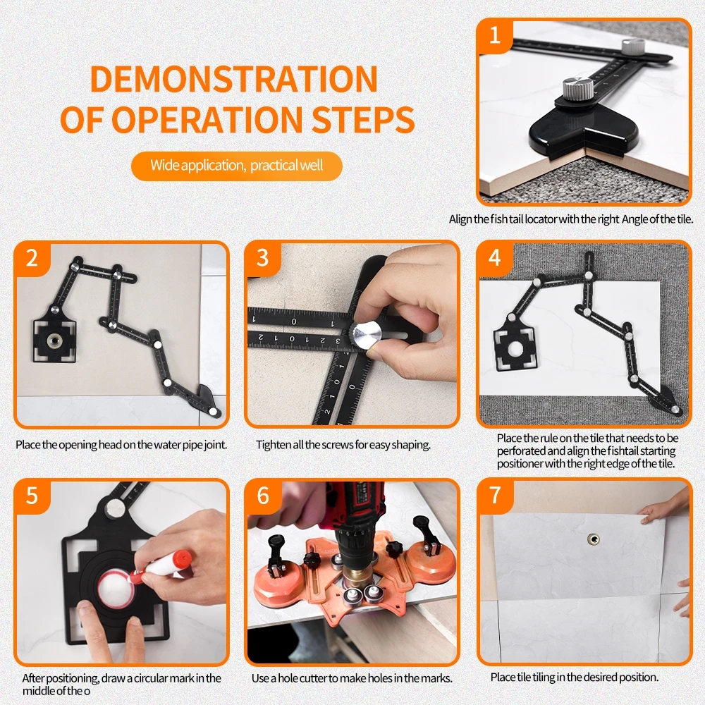 Tile Multi Angle Measuring Ruler with Drilling Locator Universal Angular Template Izer
