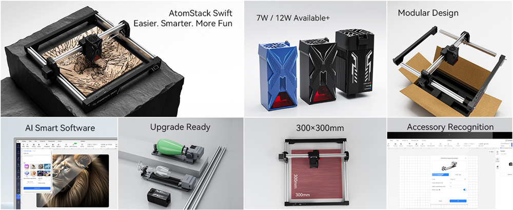 高出力！ ATOMSTACK Swift 12W レーザー彫刻機 ステンレスOK AtomStack Swift Mini 7W 12W Laser Engraver Portable 300x300mm10000mm/m