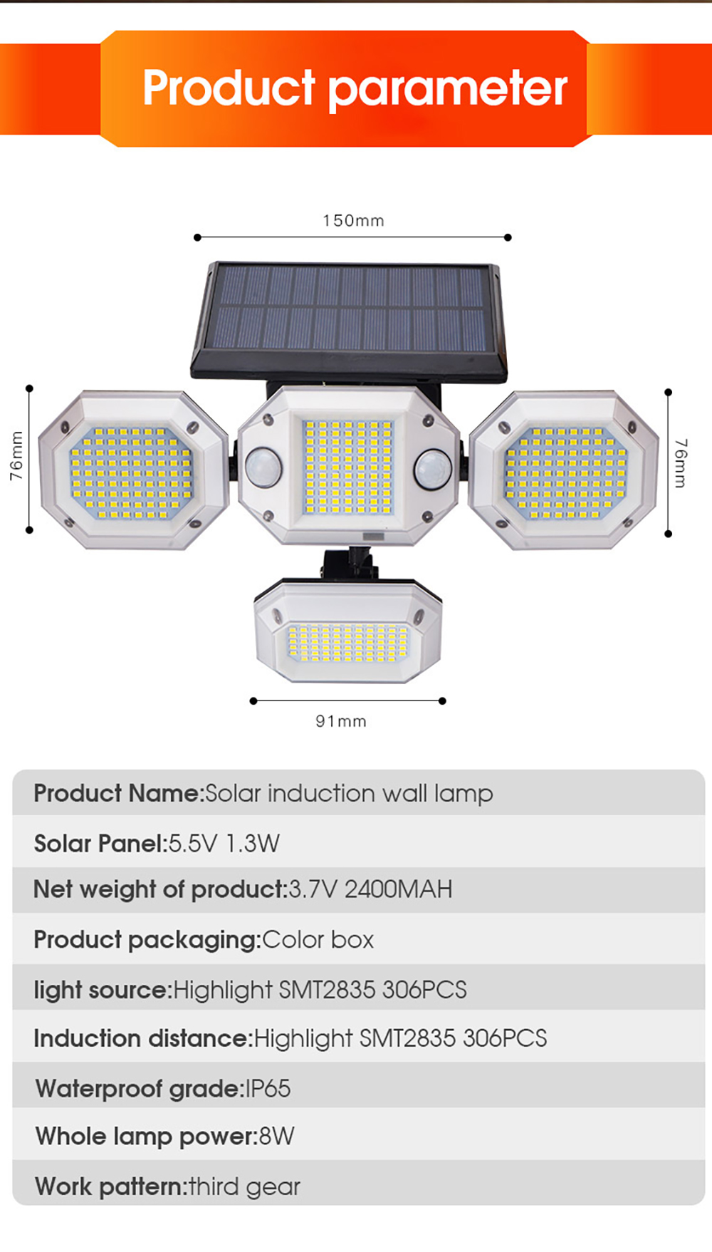 306LED Remote Control Solar Light 4 Adjustable Heads with Two Motion Sensor Outdoor Lights 3 Modes 320° Wide Angle 6500K Solar Security Lights IP65 Waterproof Flood Wall Light