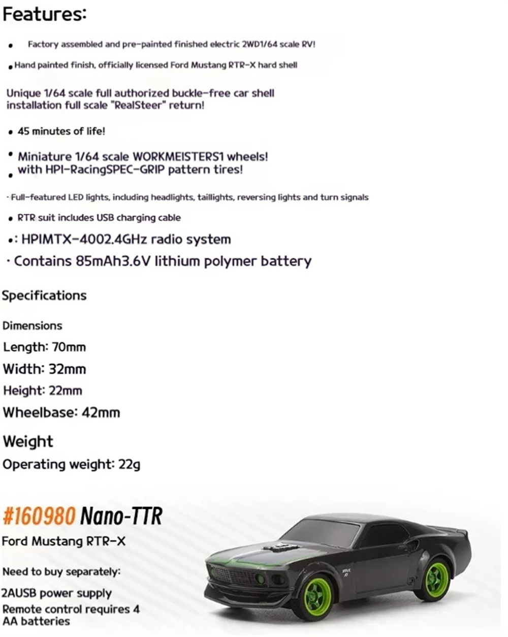 HPI 160980 1/64 2WD 2.4G Drift RC Car Nano TTR Mustang Geunine Authorization Vehicle Models RTR