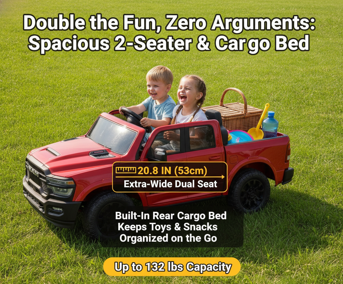 FUNTOK Licensed RAM Kids Ride on Car 24V 2 Seater Electric Pickup Truck 2.4G Remote Control Battery Powered Vehicle LED Lights Bluetooth Music Storage Trunk Toddler Boys Girls Outdoor Gift