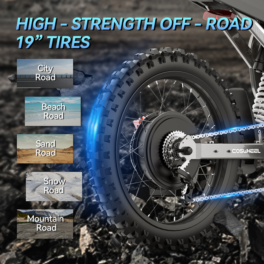 [USA DIRECT] COSWHEEL R19 Electric Bike 72V 40AH 3000W(Peak 6000W) Motor Recommended Top Speed 25KM/H Front Tires: 70/100-19,Rear Tires: 80/100-19 Tire 200KM Max Mileage 120KG Max Load Electric Bicycle