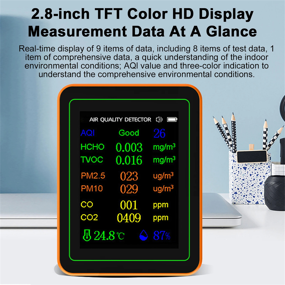 Moniteur Qualité Air 18 En 1 CO2 TVOC HCHO PM2.5 PM10 - Détecteur Intérieur Voiture Avec Batterie Et Stockage Données