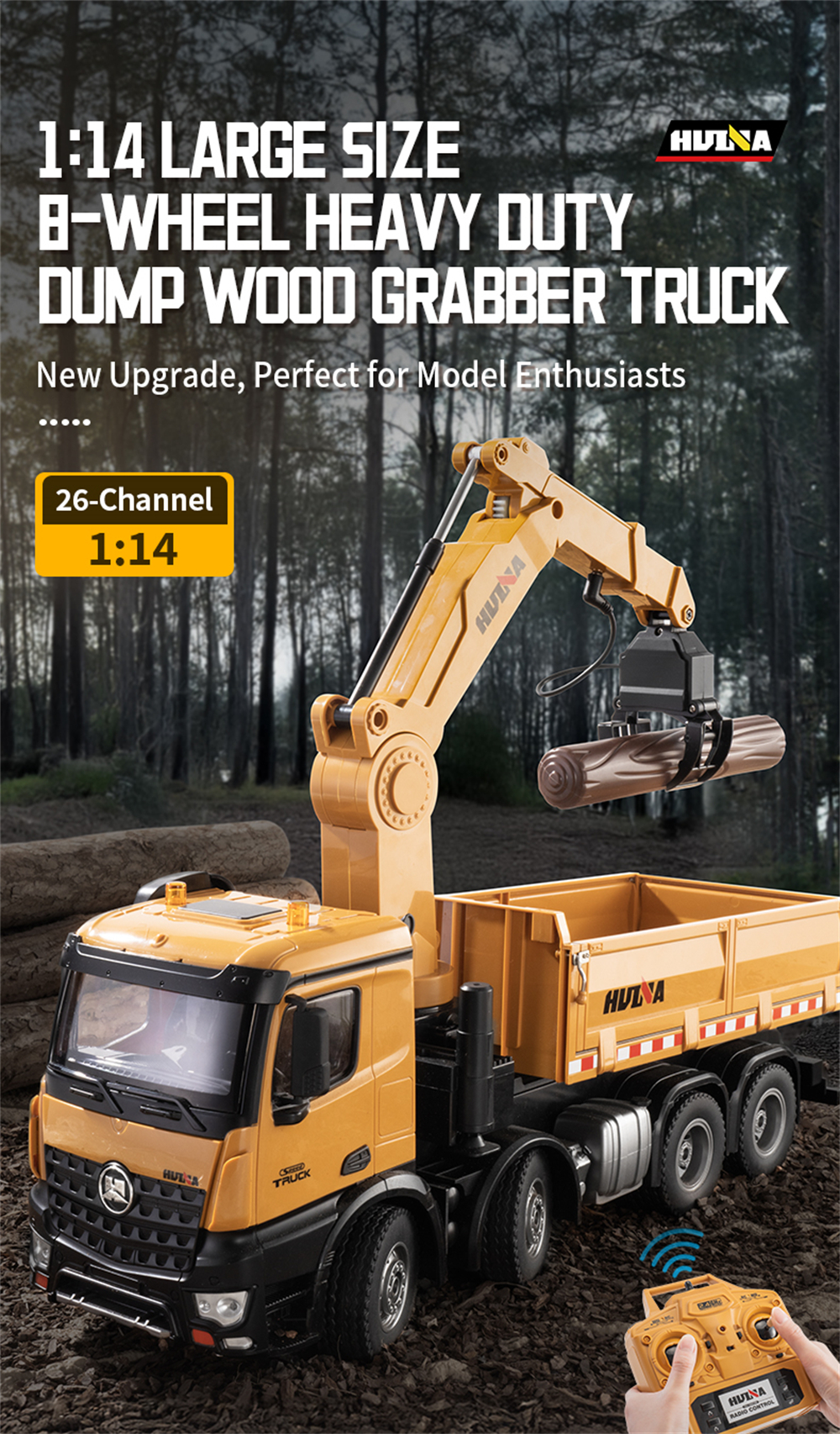 HUINA 1538 1/14 2.4G 26CH Semi-alloy RC Car Grabbing Wood Dump Truck 3-in-1 Vehicle Model RTR