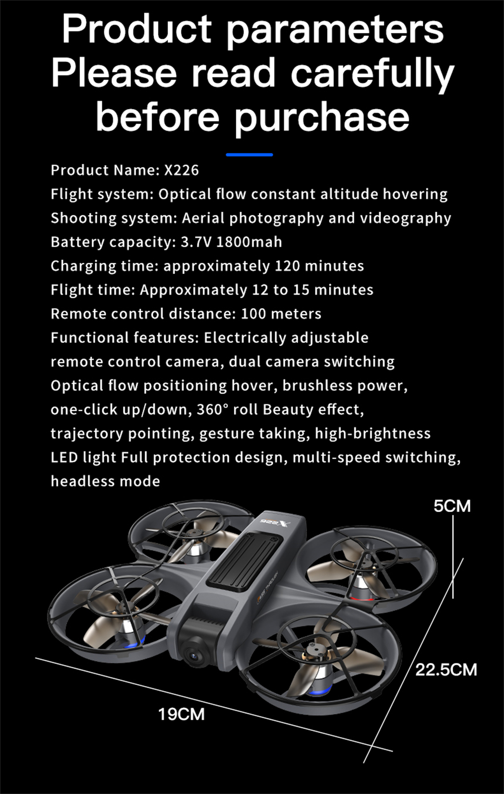 X226 WiFi FPV with Goggles Glasses / 5.9inch LCD Screen Controller HD Dual Camera Electrically Adjustable Optical Flow Hover Circle Protection LED Light Brushless 2.4G 4CH 6-Axis Remote Control Toys RC Drone Quadcopter RTF