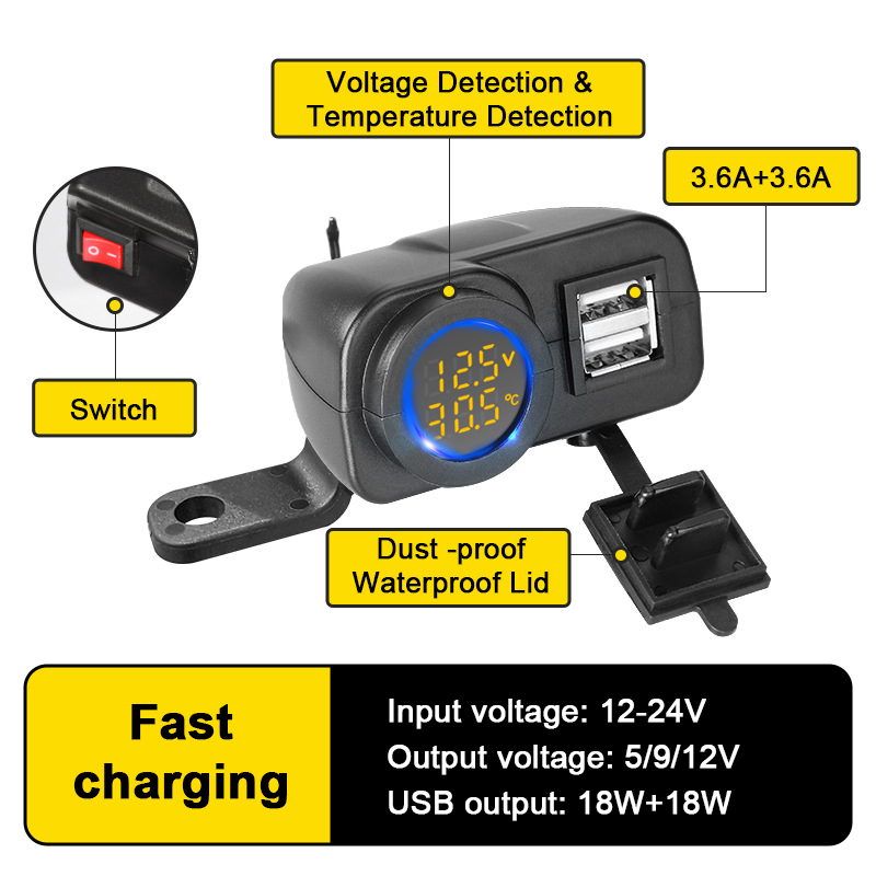 36W QC3.0 Motorcycle Dual USB Charger Fast Charging Voltmeter Thermometer Digital Display Mobile Phone Charger Socket