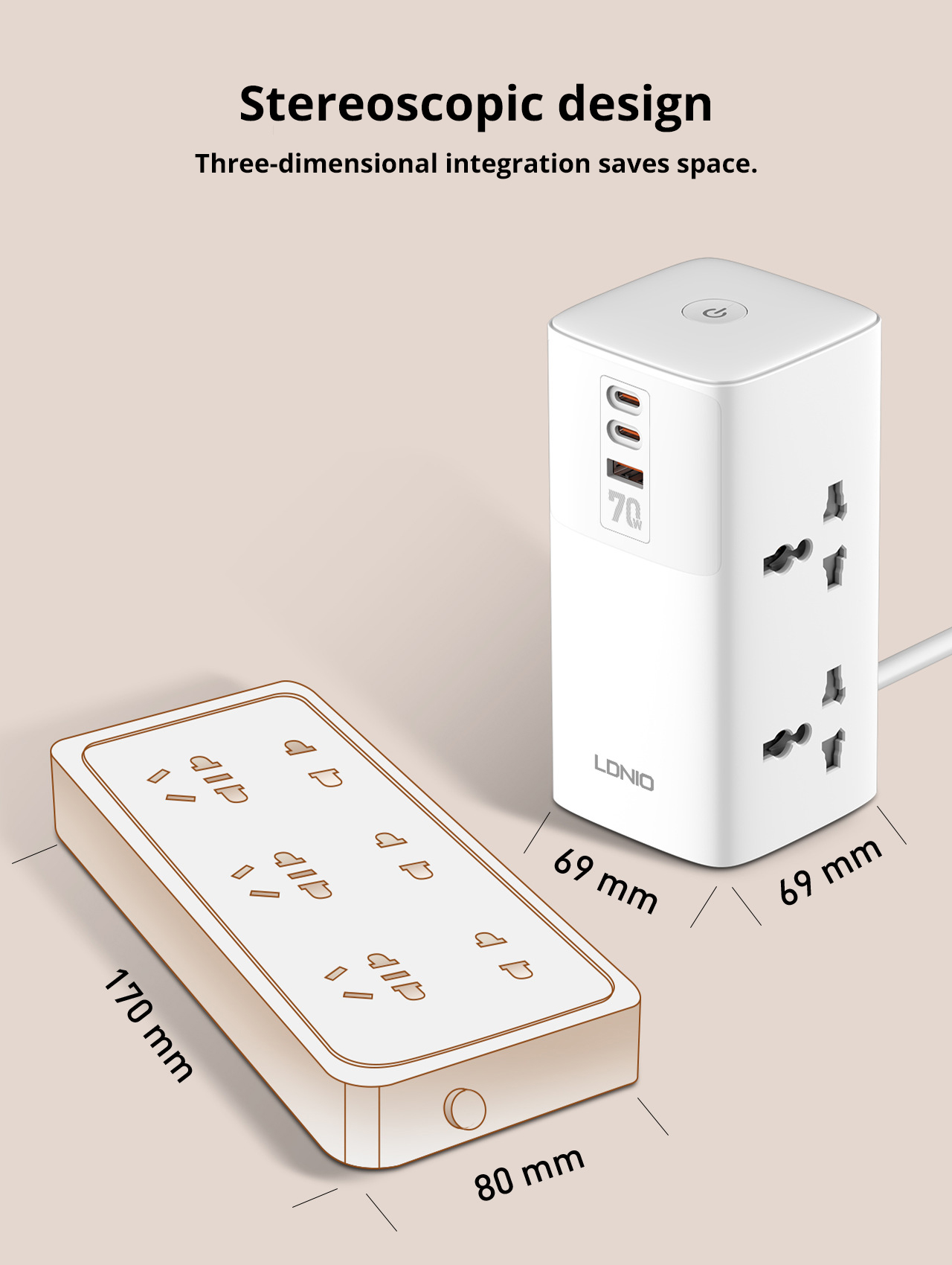 LDNIO SC4383 70W 7-Port USB PD Charger 4 Universal Socket+USB-A+2 USB-C PD QC3.0 PPS SCP Fast Charging Vertical Desktop Charging Station EU Plug US Plug for iPhone 15 14 13 for Huawei Pura70 Ultra for Samsung Galaxy S24 for Macbook Pro