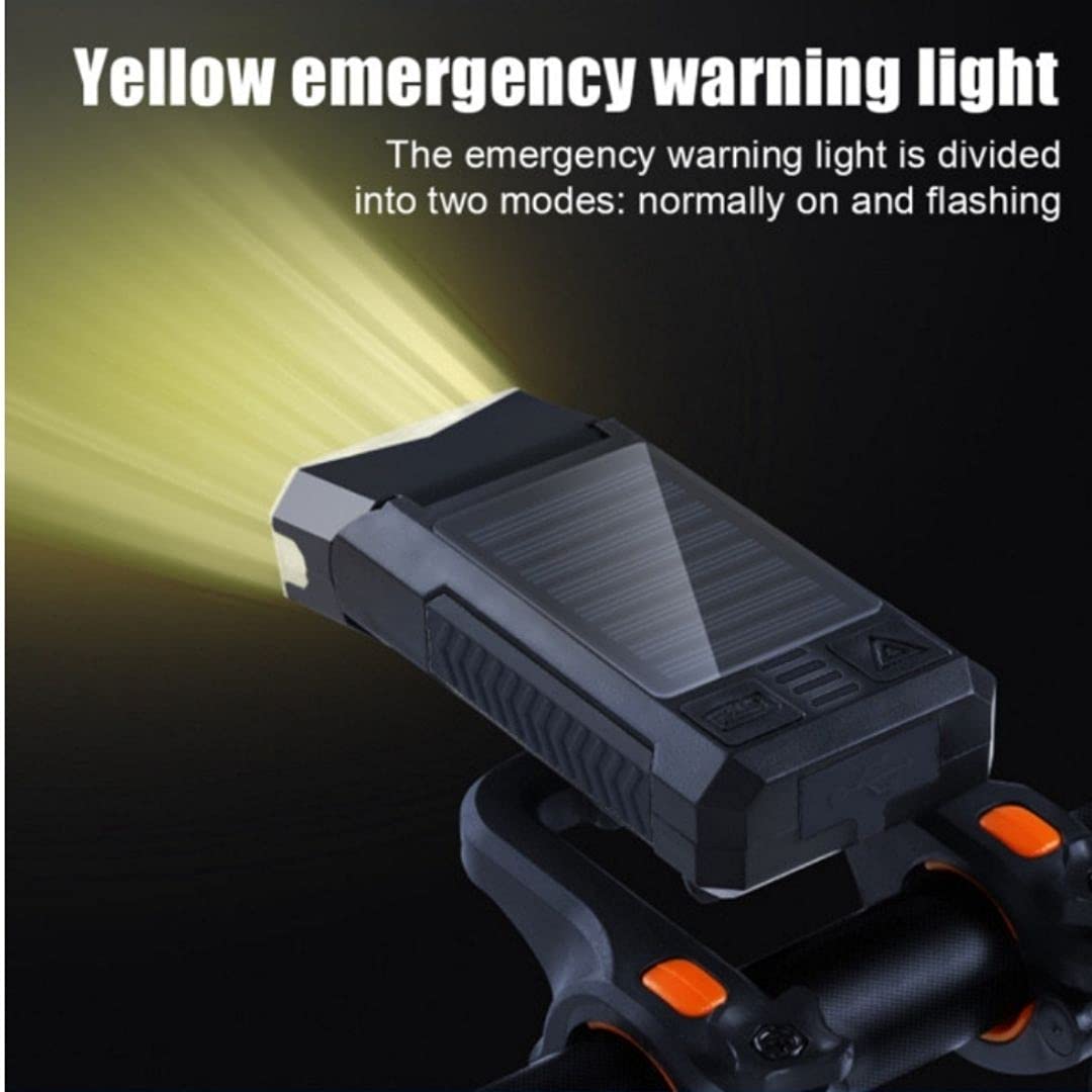 2023 Solar Charging Bike Headlight 400Lm Brightness 300m Distance Range 4000mAh Battery Waterproof 4 Light Modes Warning Flashlight with 130dB Horn for Night Cycling