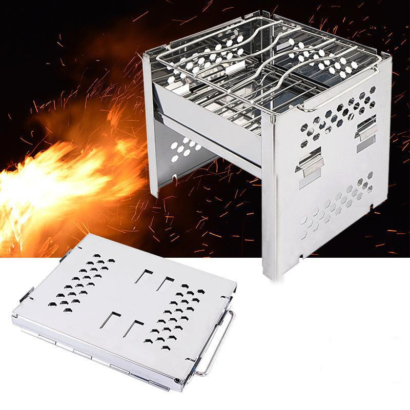 Outdoor Mini Stainless Steel Folding Barbecue Stove Camping  Adjustable Rack Wind Shield Firewood Carbon Grill Stove