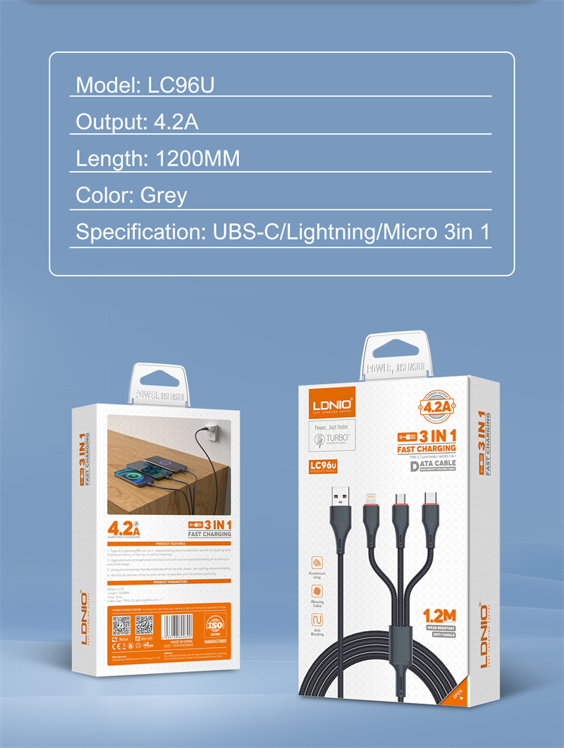 LDNIO LC96U 4.2A USB-A to iP/Micro/USB-C Cable Fast Charging Data Transmission Copper Core Line 1.2M Long for iPhone 16 15 14 Pro Max for Xiaomi MIX Fold4 for Huawei Mate XT for Samsung Galaxy Z Flip6