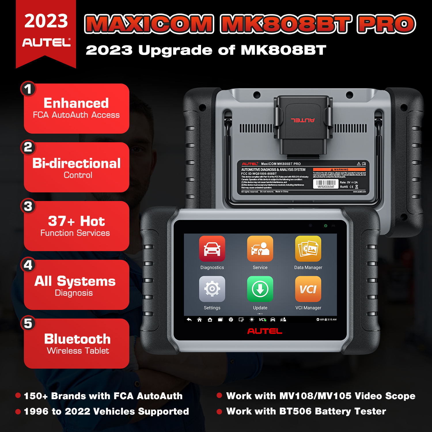Autel MaxiCOM MK808BT PRO Car Bi-directional Diagnostic Tools OBD2 Scanner Code Reader All System Diagnosis PK MX808S MK808S