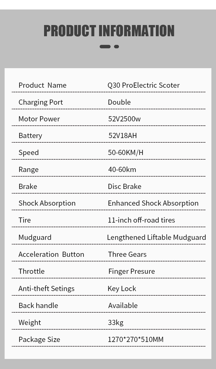 [US DIRECT] Arwibon Q30 PRO 52V 18AH 2500W 11 Inch Electric Scooter 80-120KG Max Load 40-60Km Range