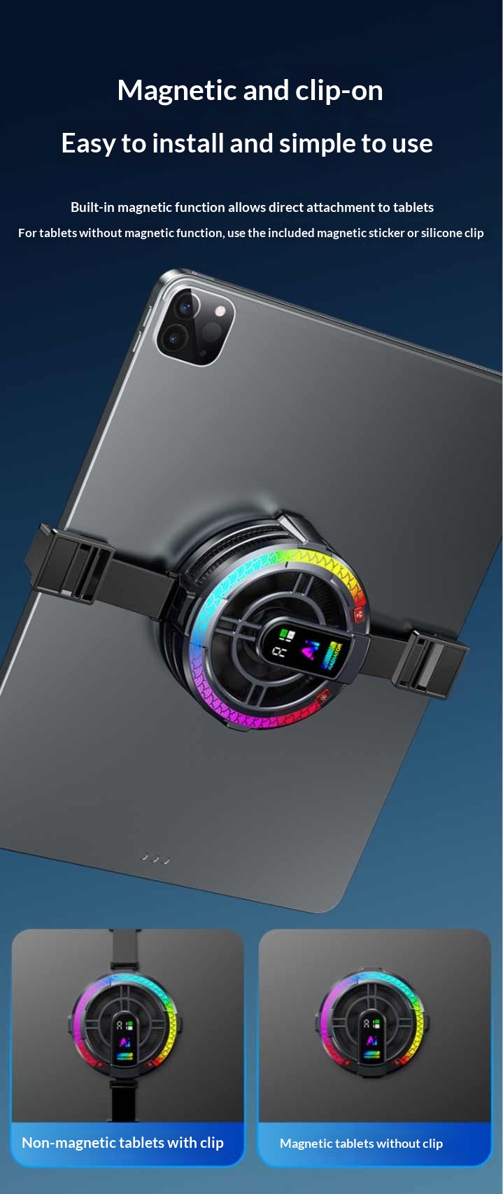 darkFlash Dispositivo di raffreddamento magnetico per iPad, clip posteriore 2 in 1, dispositivo di raffreddamento per iPad, Surface Pro, Samsung Tab