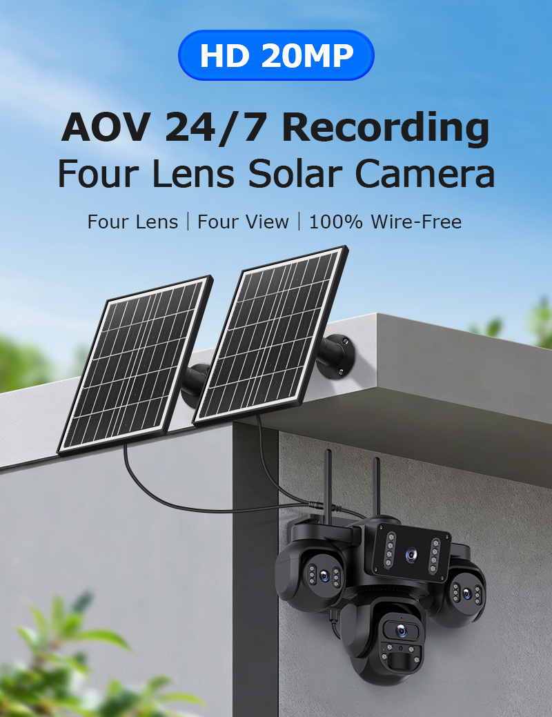 20MP AOV 4レンズソーラーセキュリティカメラ 4つの同時モニター