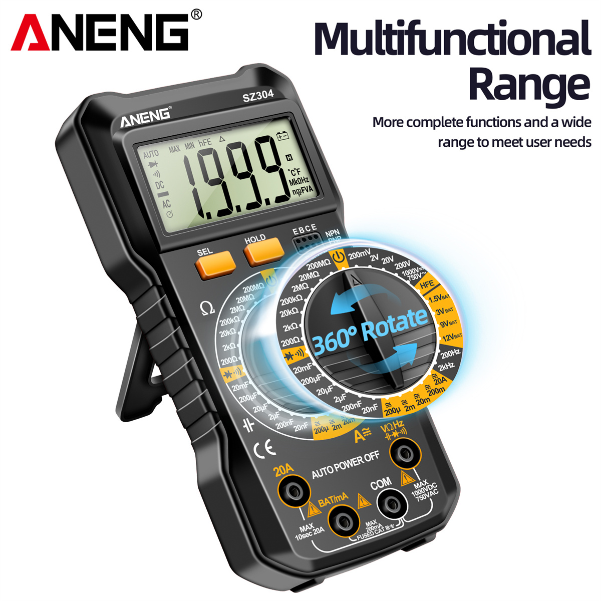 ANENG SZ304 Digital Multimeter, Durable ABS Body, Accurate Measurement of Voltage Current Resistance Capacitance Frequency with Diode Data Retention & Automatic Shutdown Essential Tool for Electrical Testing and Troubleshooting