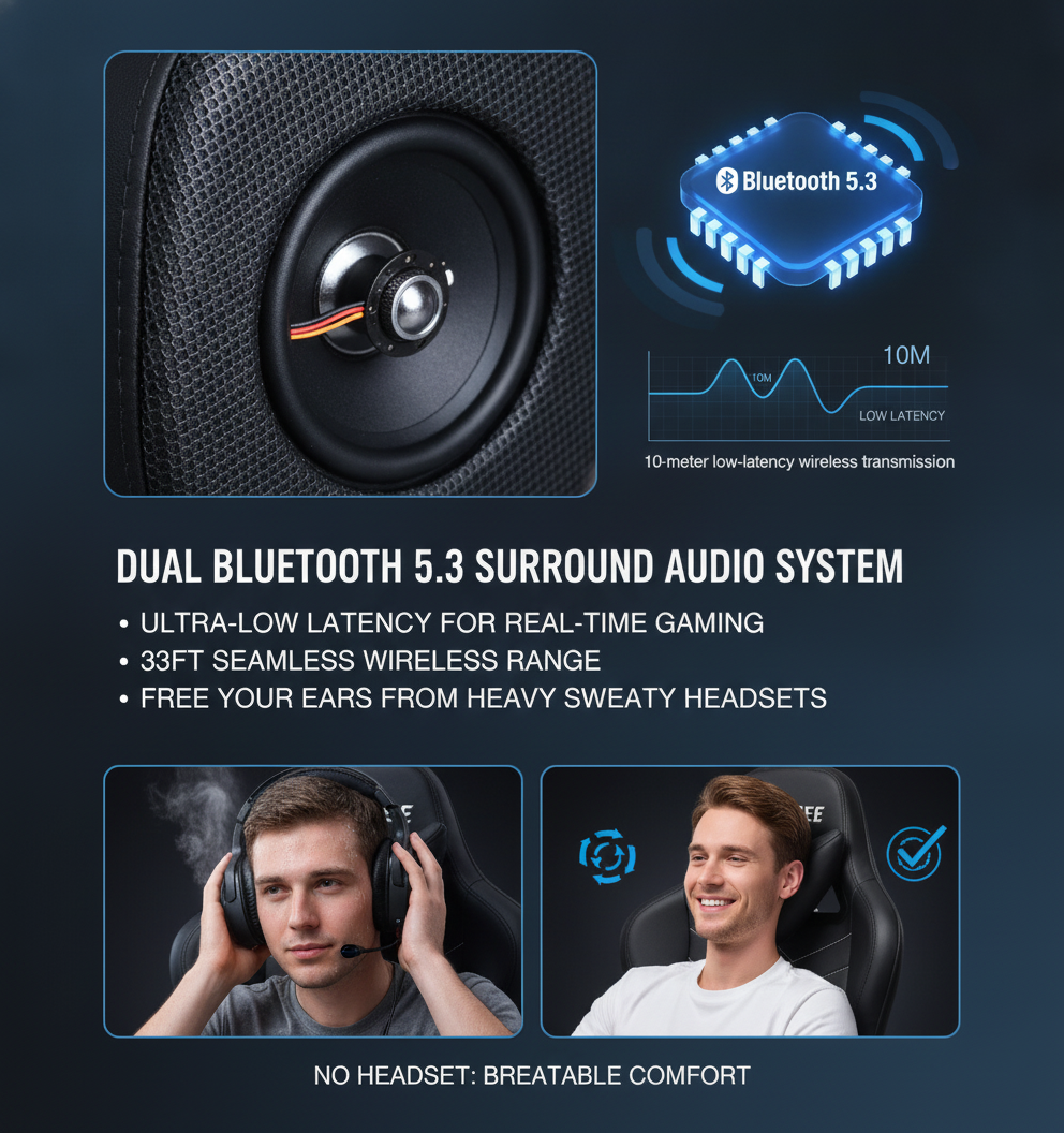 Cadeira de jogos com alto-falantes Bluetooth, massagem, suporte lombar, apoio para os pés, mesa de computador ergonômica, reclinável, encosto alto, almofada de mola de bolso, alta resistência, 350 lbs, giratória, para adultos, jogador Hoffree