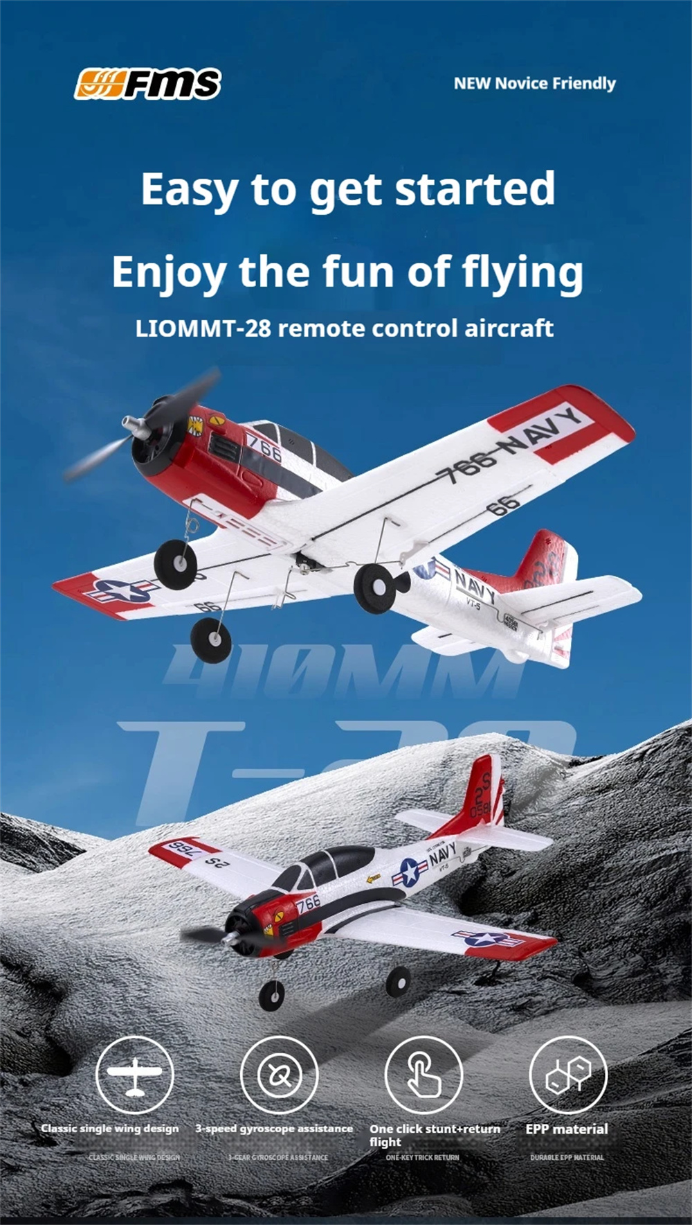 FMS T-28 410mm Wingspan 2.4GHz 4CH Built-in Gyro EPP RC Airplane Fixed Wing RTF for Beginners