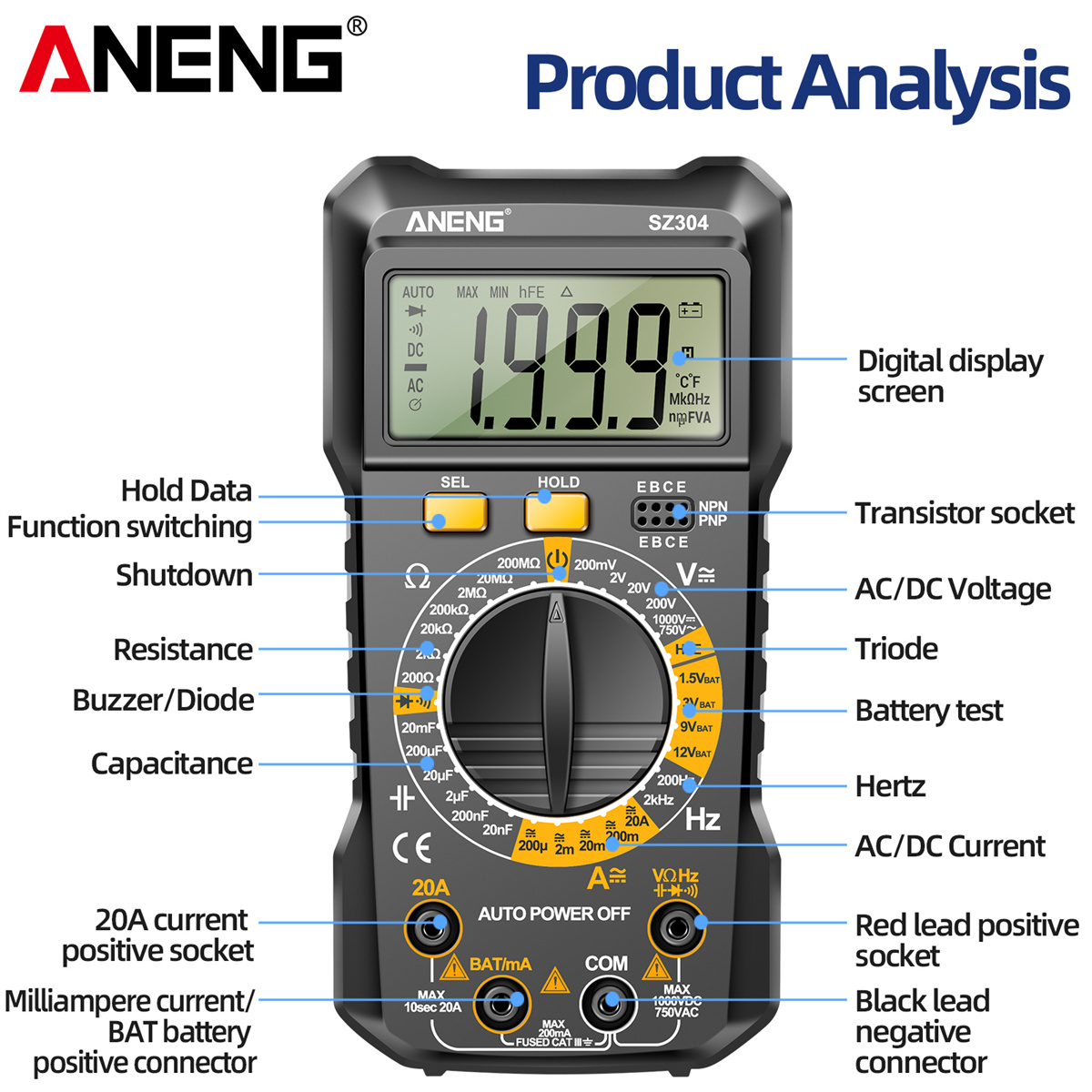 ANENG SZ304 Digital Multimeter, Durable ABS Body, Accurate Measurement of Voltage Current Resistance Capacitance Frequency with Diode Data Retention & Automatic Shutdown Essential Tool for Electrical Testing and Troubleshooting