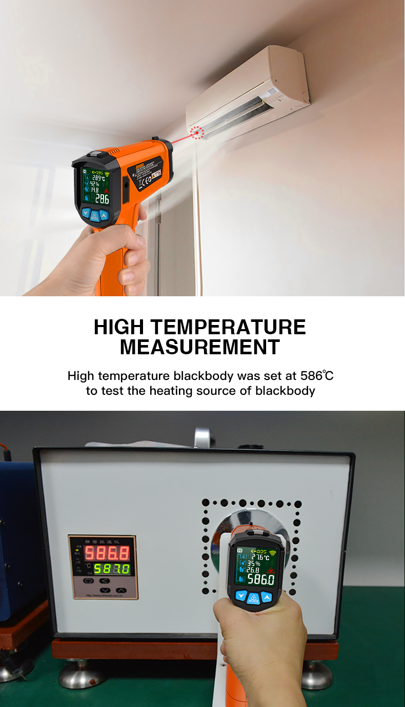 MESTEK Advanced Infrared Thermometer IRO2C Wide Temperature Range (-50°C to 800°C) Adjustable Emissivity 12-Point Laser Inverted Color Screen HD Backlight Accurate Measurements Ideal for Industrial HVAC and Home Use