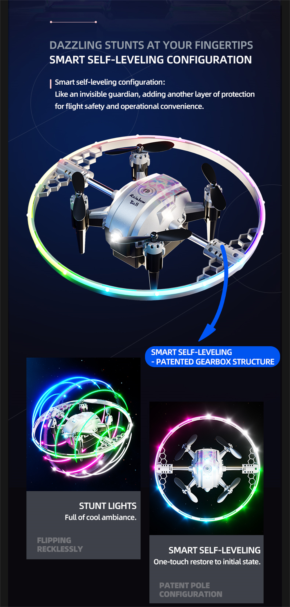 JJRC H131 AURORA BALL Stunt Light Ring 360° Spin Altitude Hold Mode RGB Color LED Circle Protection Kids Gifts 2.4G 4CH 6-Axis Remote Control RC Toys Drone Quadcopter RTF