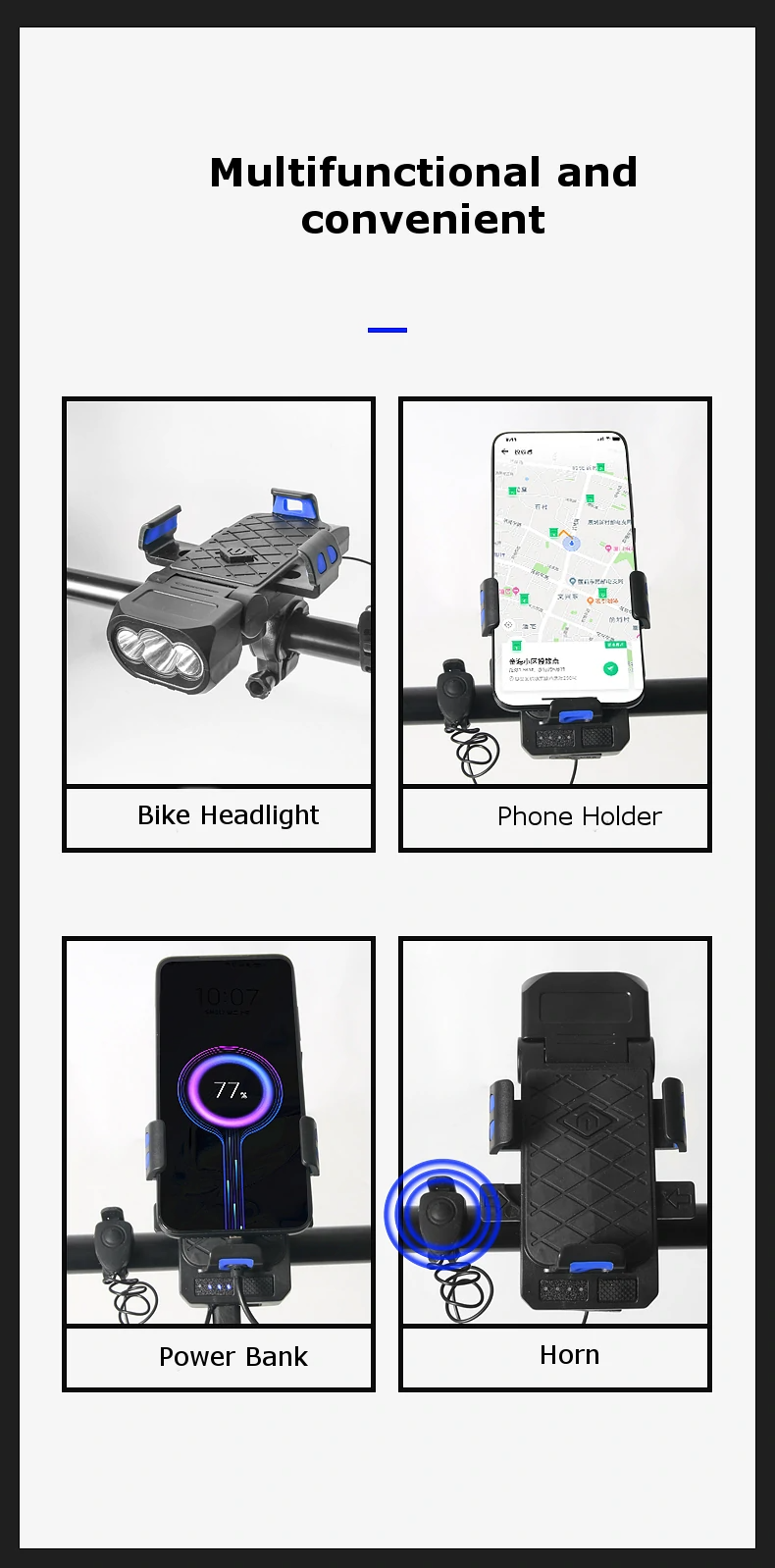 4 in 1 500Lm Brightness Bike Headlight 3000mAh Battery IPX6 Waterproof 3 Light Modes 120° Rotation Power Bank Phone Holder with 130db Horn for Night Cycling