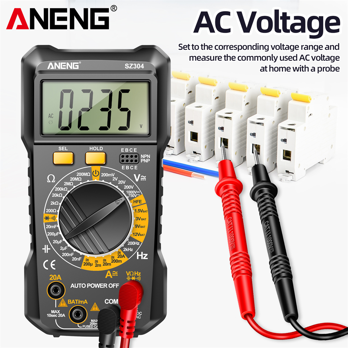ANENG SZ304 Digital Multimeter, Durable ABS Body, Accurate Measurement of Voltage Current Resistance Capacitance Frequency with Diode Data Retention & Automatic Shutdown Essential Tool for Electrical Testing and Troubleshooting
