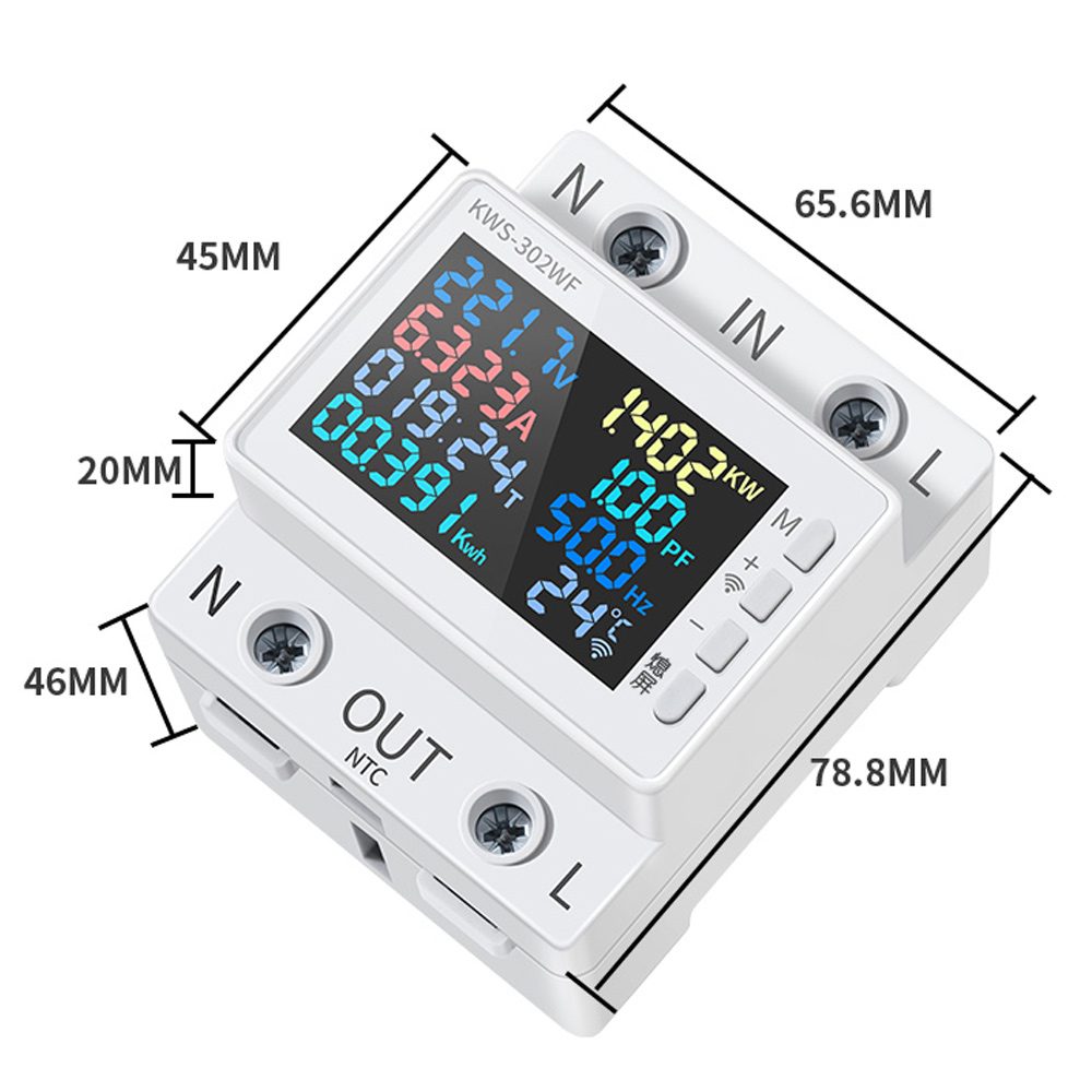 8in1 Power Meter Color Screen 2P Multi-function AC Energy Meter 170-270V/63A Voltage and Current Meter Standard Rail Mounting