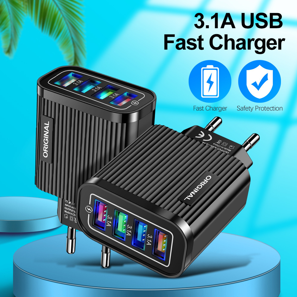 3.1A 4-Port USB Charger 4USB-A Wall Charger Adapter EU Plug for iPhone 12 13 14 14Pro for Oppo Reno9 for Huawei Mate50 for Samsung Galaxy S23