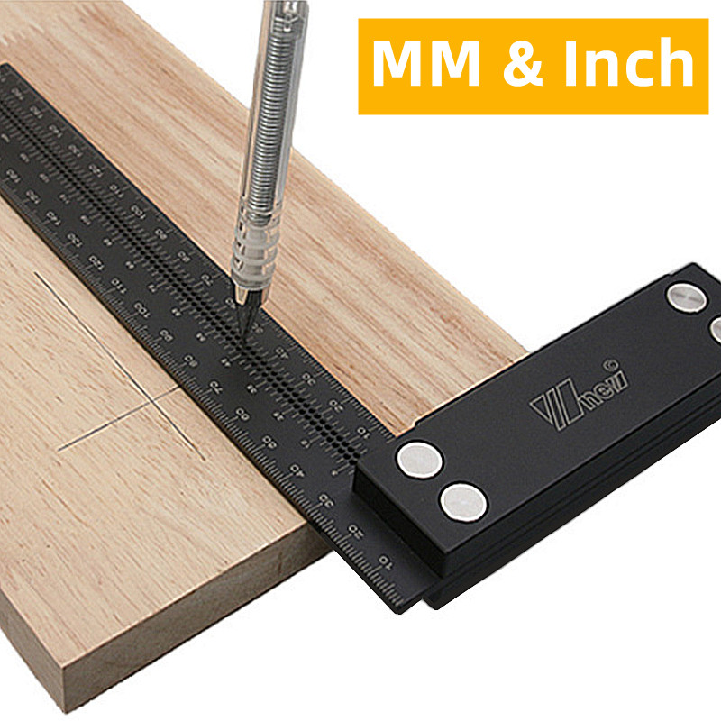 Wnew MM/Inch Precision Woodworking Square Aluminum Alloy Ruler Carpenter Line Drawing Marking Gauge Hole Scribing Ruler