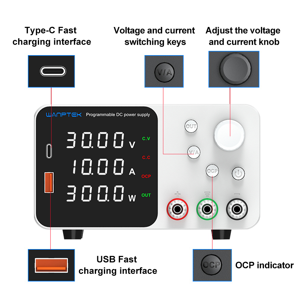 WANPTEK Lab Bench Power Supply 300W Laboratory Switching Power Supply Unit 30V 10A Adjustable Digital Source 60V 5A Voltage Stabilizer