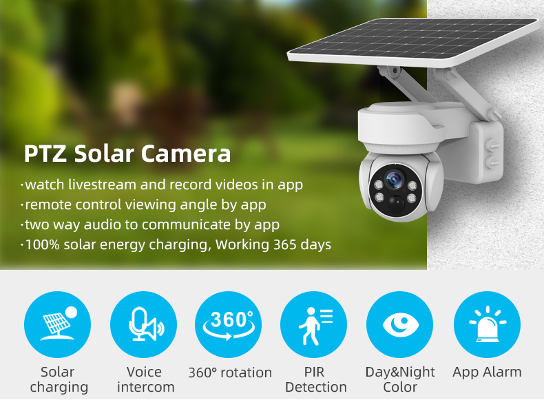 2.4G Wireless WiFi Solar Camera 360° PTZ Color Night Vision Motion Detection Audio Intercom APP Alarm Push 6400mAh Waterproof Home Security Cameras
