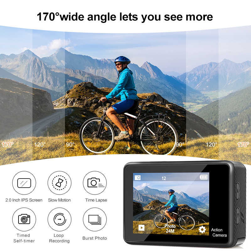 AT-Q60AR Outdoors Sport Camera with 1.3inch Display 4K30P Dual Color Screen 170° Wide-angle 30m Waterproof Sports Photography Cameras