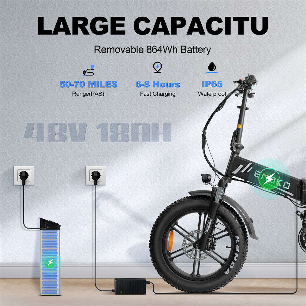 [EU DIRECT] EMOKO EC20 Electric Bike 48V 18Ah Battery 1000W Motor Recommended Top Speed 20inch Tires 100KM Mileage 180KG Max Load Folding Electric Bicycle